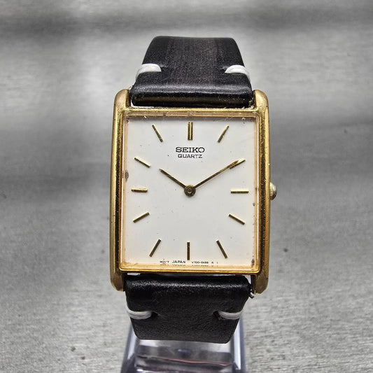 Seiko Watch Men 25mm White Dial Gold Tone Rectangle V700-5K30 New Battery VTG0