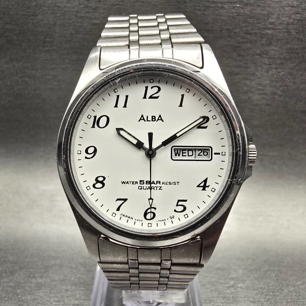 Seiko Alba Watch Men 34mm White Dial Silver Tone Daydate Round V333-7030 New Bat0