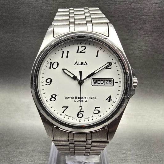 Seiko Alba Watch Men 34mm White Dial Silver Tone Daydate Round V333-7030 New Bat0
