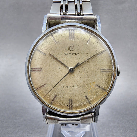 Cyma Cyamflex Watch Men 35mm Cream Dial Silver Tone Round Manual Wind PARTS