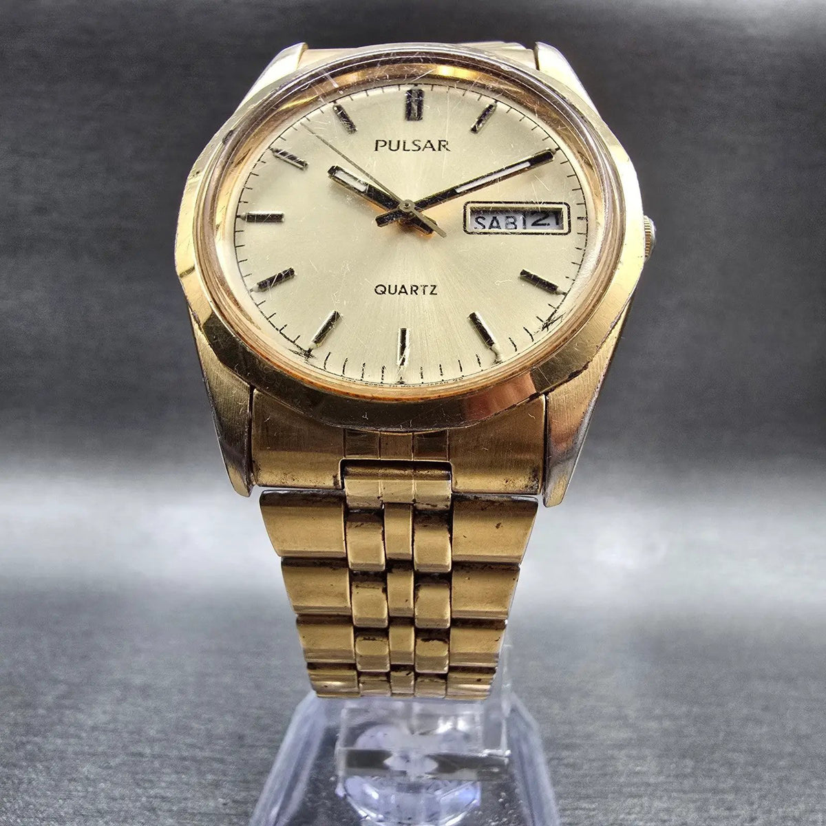 Seiko Pulsar Watch Men 35mm Champagne Dial Gold Tone Daydate Y148-8070 New Batt5