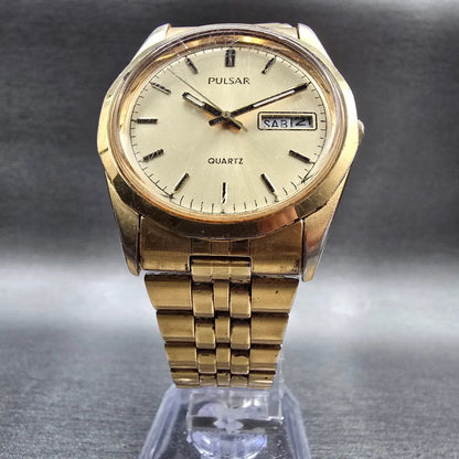 Seiko Pulsar Watch Men 35mm Champagne Dial Gold Tone Daydate Y148-8070 New Batt5