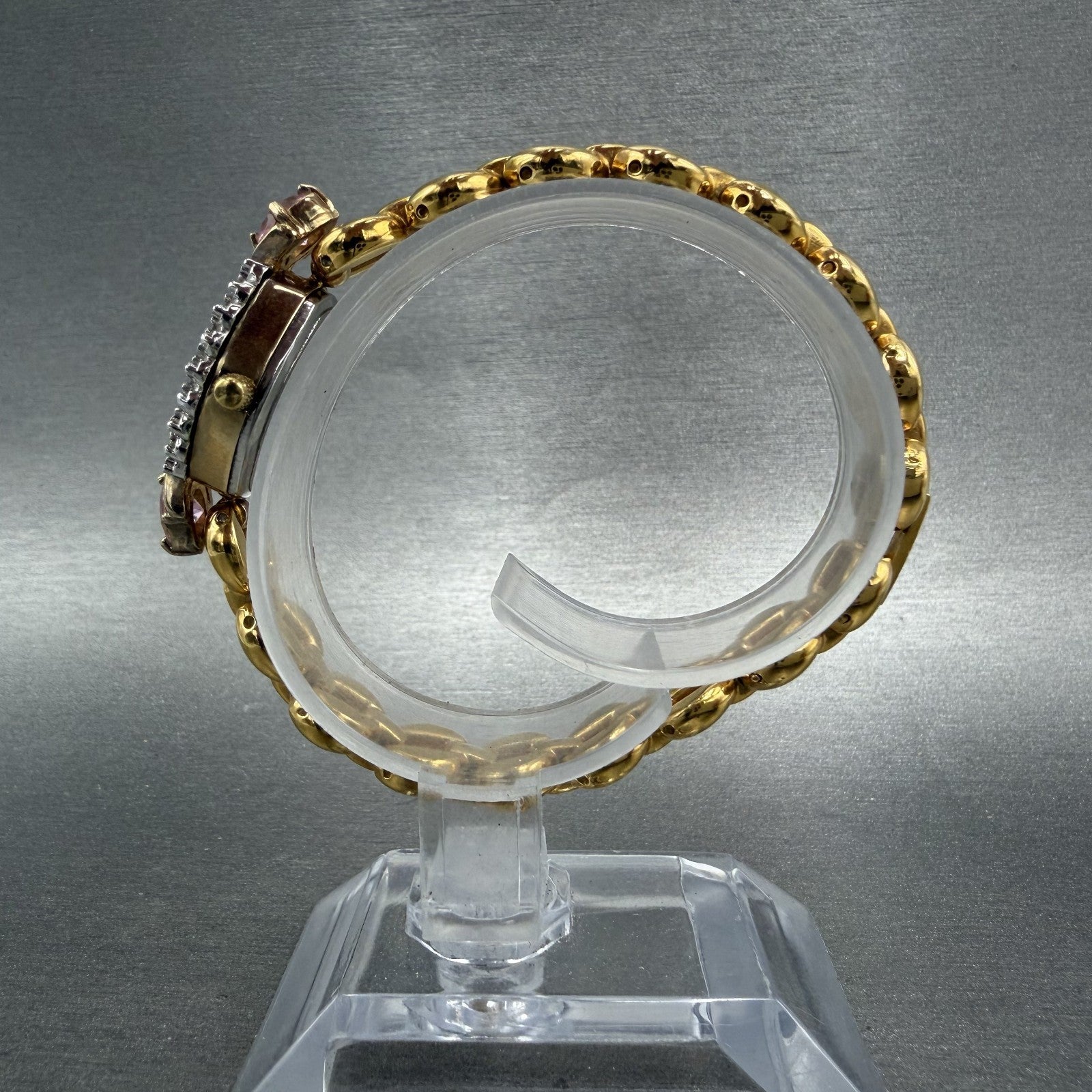 Gruen Watch Women 18mm White Dial Gold Tone Oval Pink Gem Stones New Battery6
