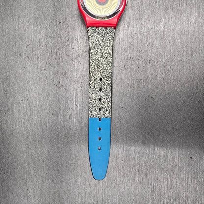 Swatch Radio Button Watch Men 34mm Yellow Dial Red Case Round GR153 New Battery11