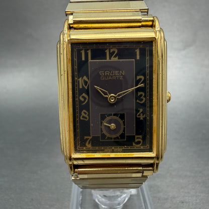 Gruen Tank Watch Men 26mm Black Dial Gold Tone Rectangle 227-V253 New battery0