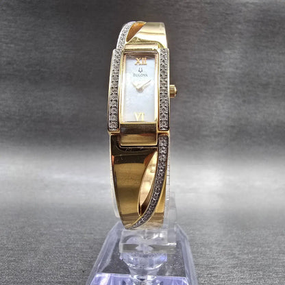 Bulova Watch Women 14mm MOP Dial Gold Tone Crystals Rectangle 98V28 New Battery5