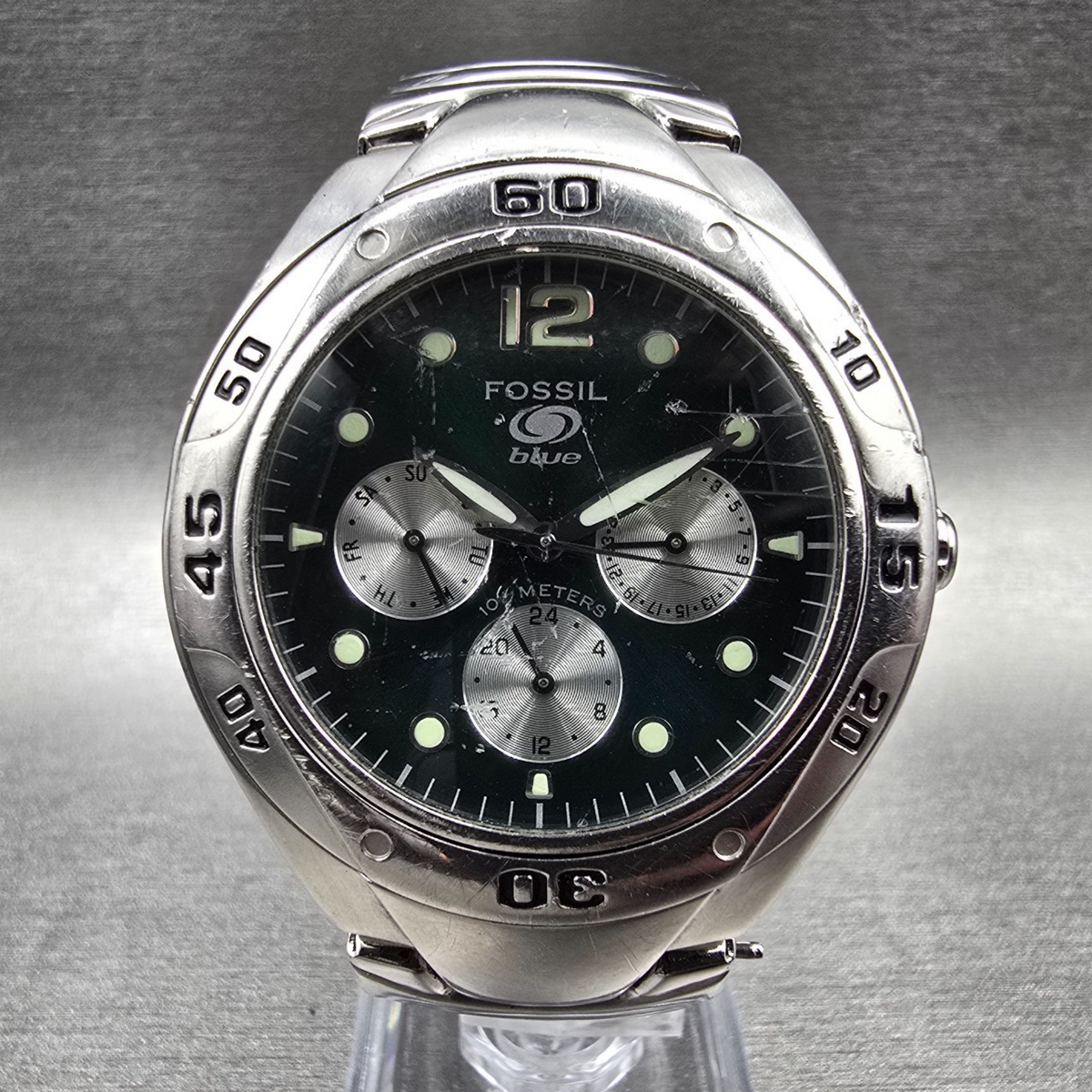 Fossil Blue Watch Men 40mm Green Dial Silver Tone Daydate Round BQ-9120 New Batt0