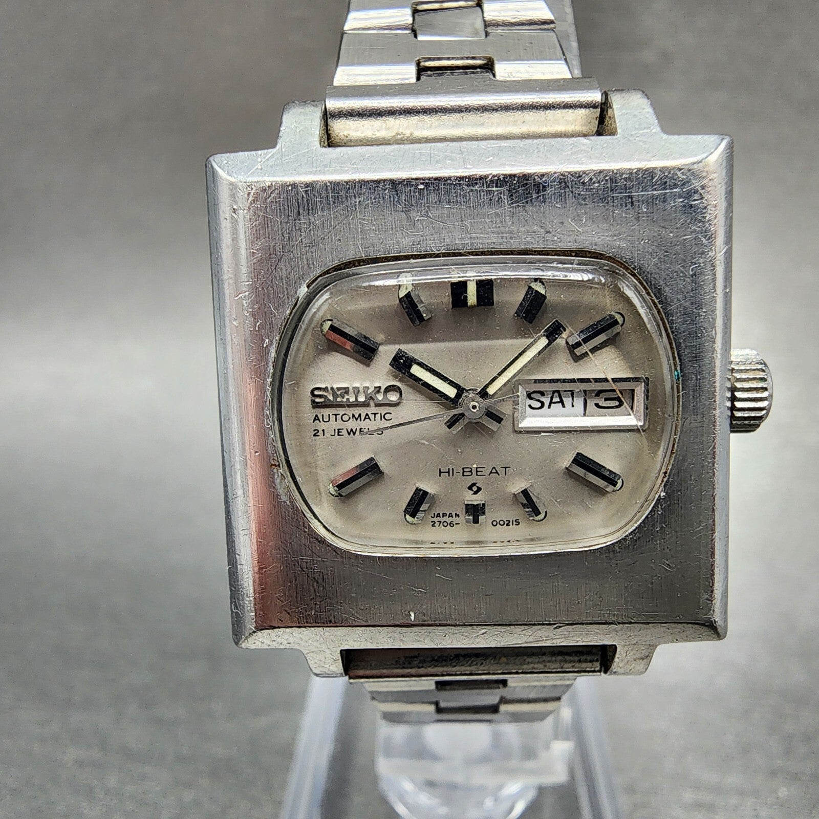 Seiko Automatic Watch Women 26mm Silver Dial Steel Daydate Rectangle Runs!!!!!!!0