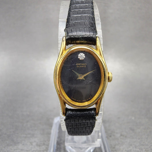 Seiko Watch Women 16mm Black Dial Gold Tone Oval 2c206399 New Battery0