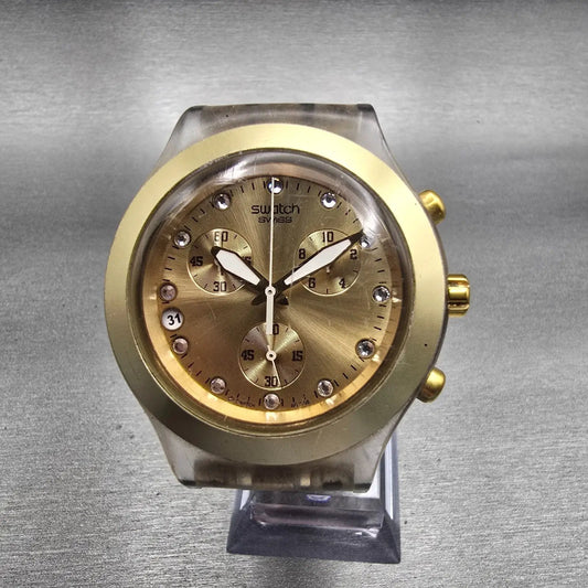 Swatch Irony Diaphane Full Blooded Gold Watch Men Chronograph SVCK4032G New Batt0
