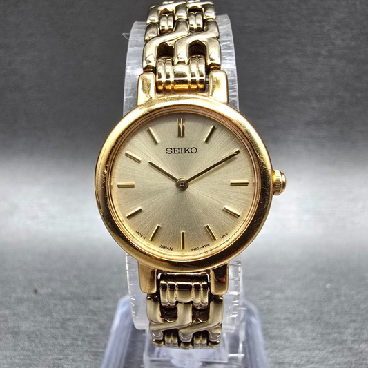 Seiko Watch Women 21mm Champagne Dial Gold Tone Round 1N00-1E09 New Battery JP20