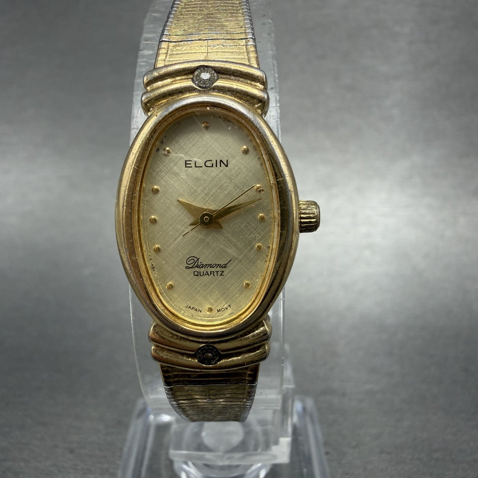 Elgin Watch Women 16mm Champagne Dial Gold Tone Oval Diamond Quartz New Battery0
