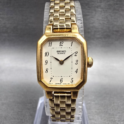 Seiko Watch Women 17mm White Dial Gold Rectangle V400-5608 New Battery JP0