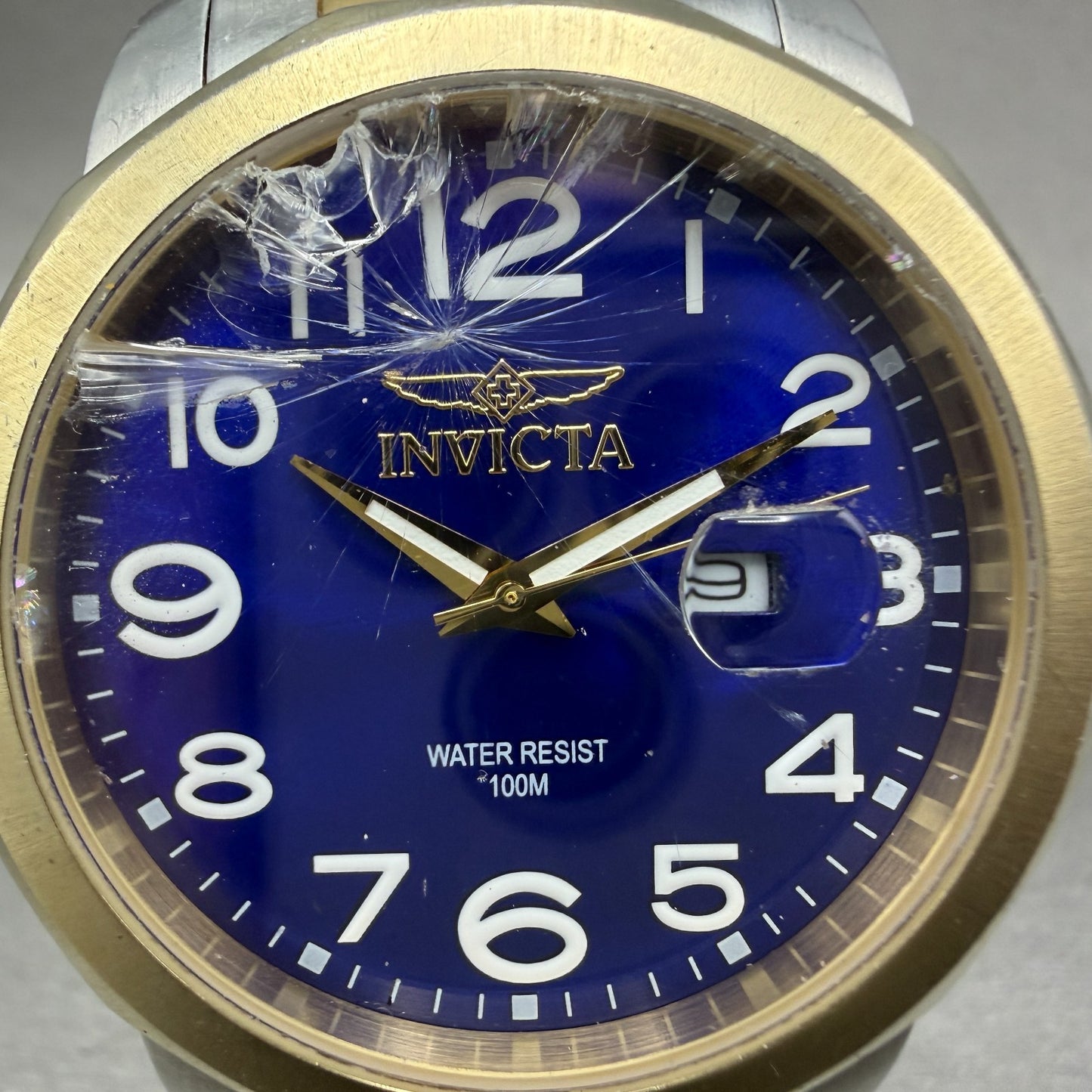 Invicta Watch Men 44mm Blue Dial Two Tone Date Round 6864 CRACKED!!! New battery1