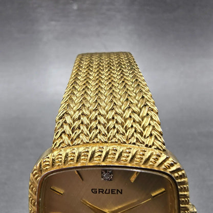 Gruen Tank Watch Men 30mm Gold Dial Gold Tone Rectangle New Battery VTG4