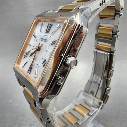 Seiko Lukia Tank Watch Women 26mm White Dial Two Tone Date Atomic Solar Runs2