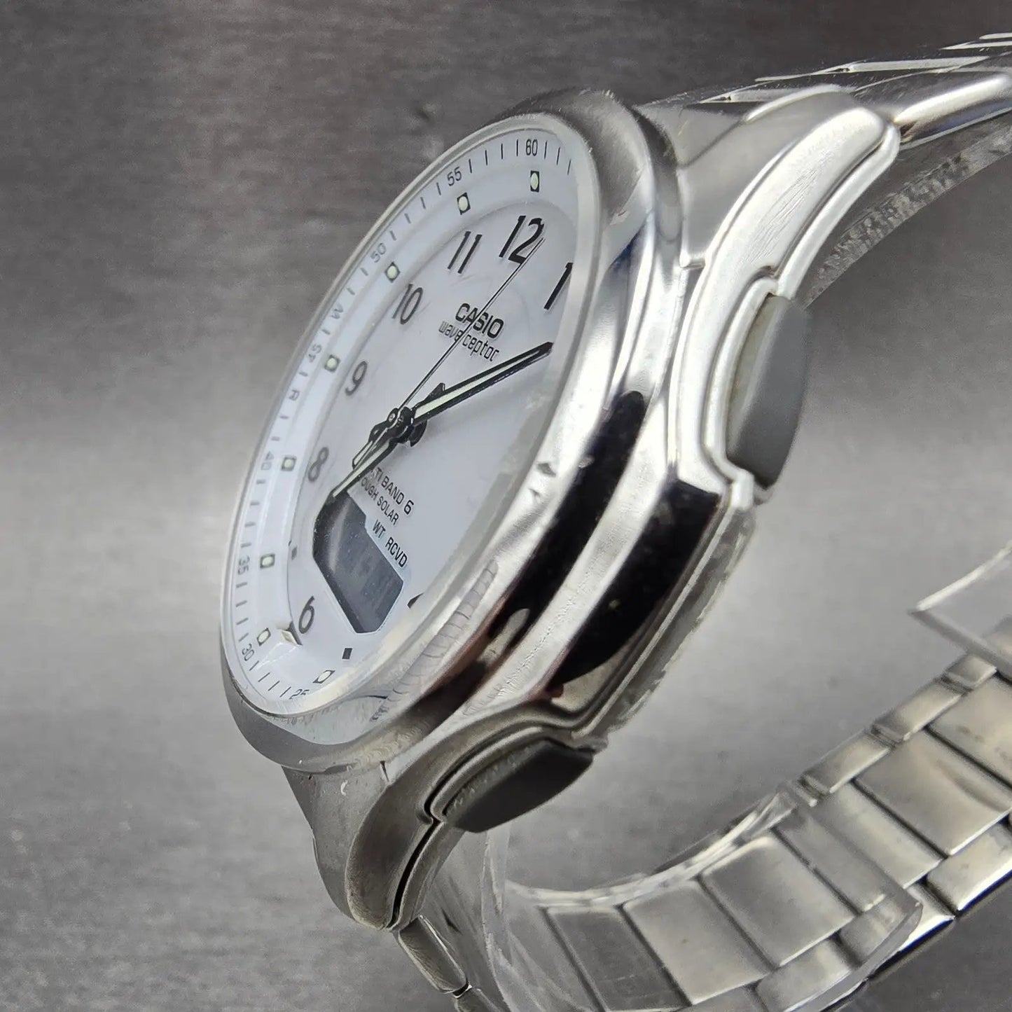 Casio Wave Ceptor Watch Men 42mm White Dial Steel Solar Analog Digital Works KFT2