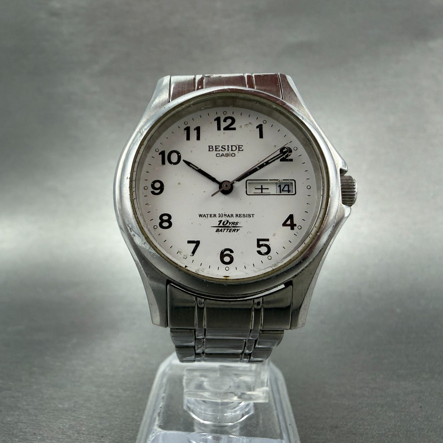 Casio Beside Watch Men 35mm Silver Dial Steel Daydate Round BES-105 New BatteryA5