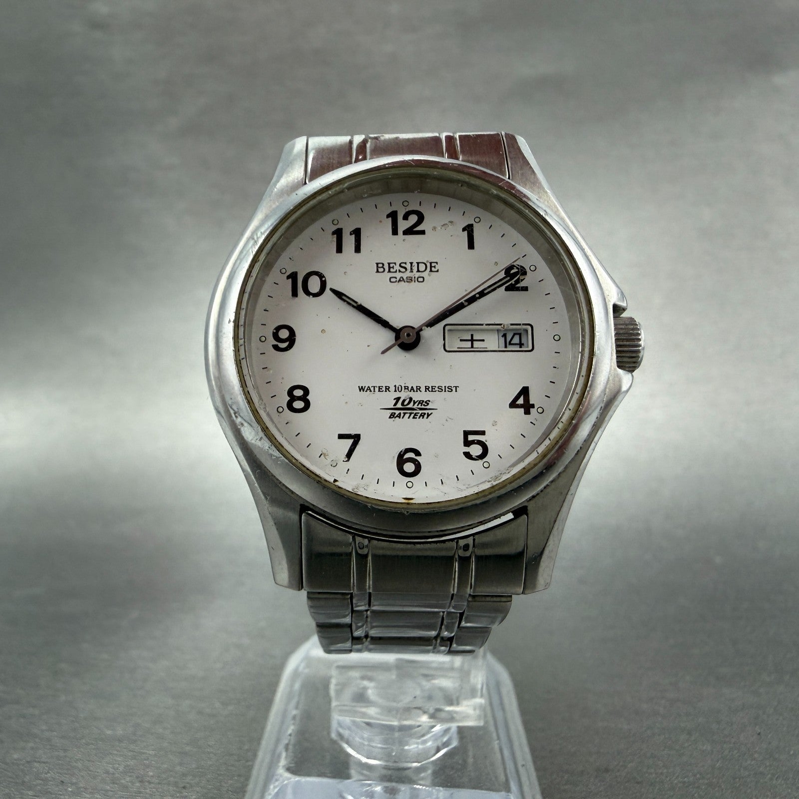 Casio Beside Watch Men 35mm Silver Dial Steel Daydate Round BES-105 New BatteryA5
