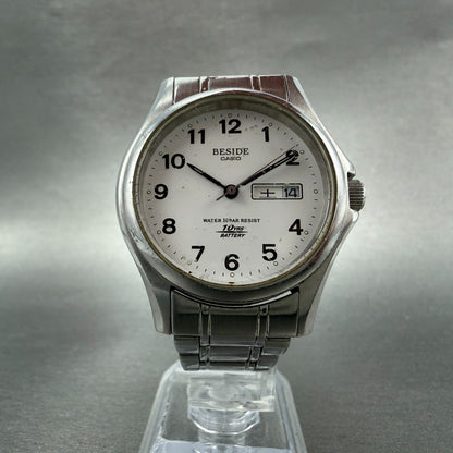 Casio Beside Watch Men 35mm Silver Dial Steel Daydate Round BES-105 New BatteryA5