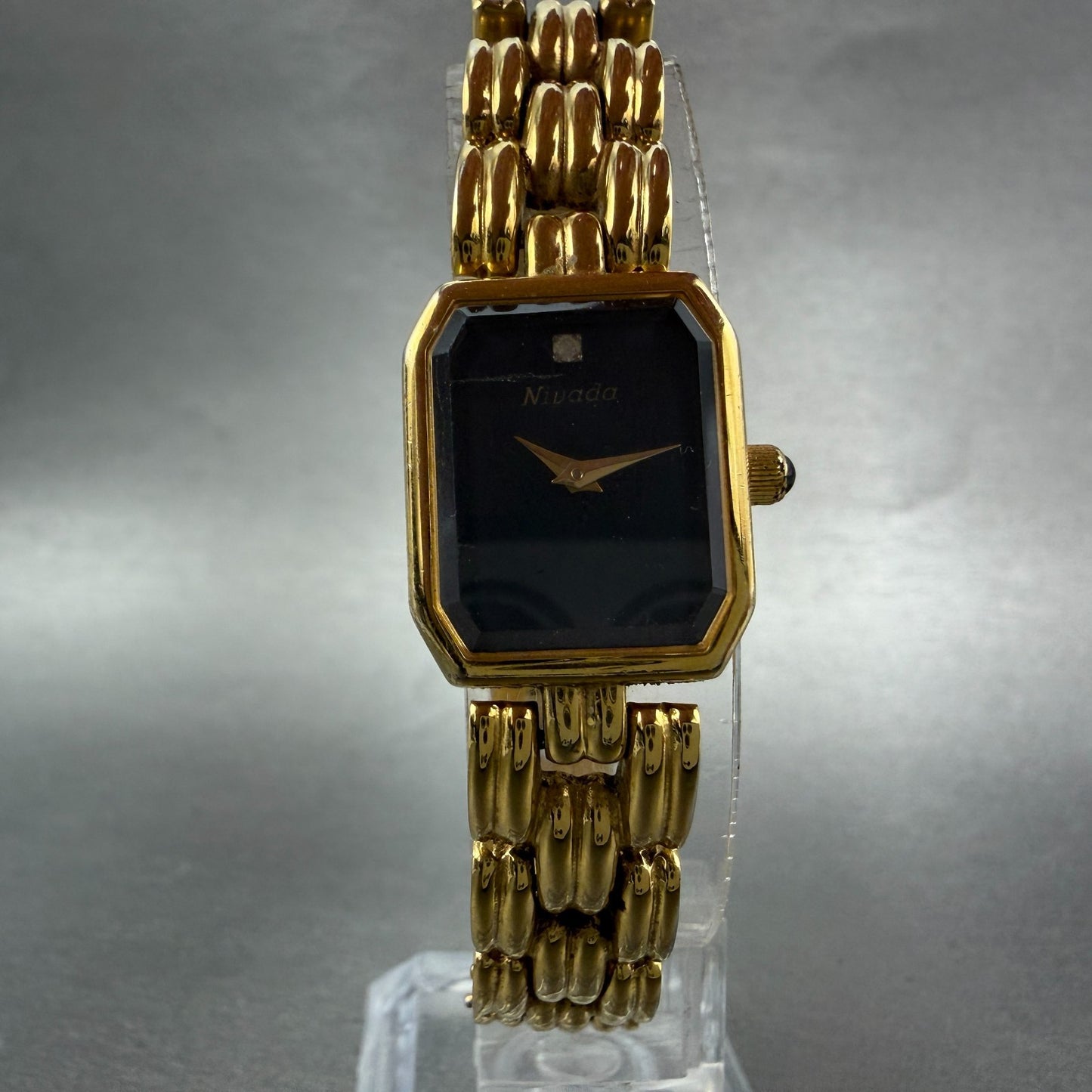 Nivada Watch Women 17mm Black Dial Gold Tone Octagon Swiss New Battery5