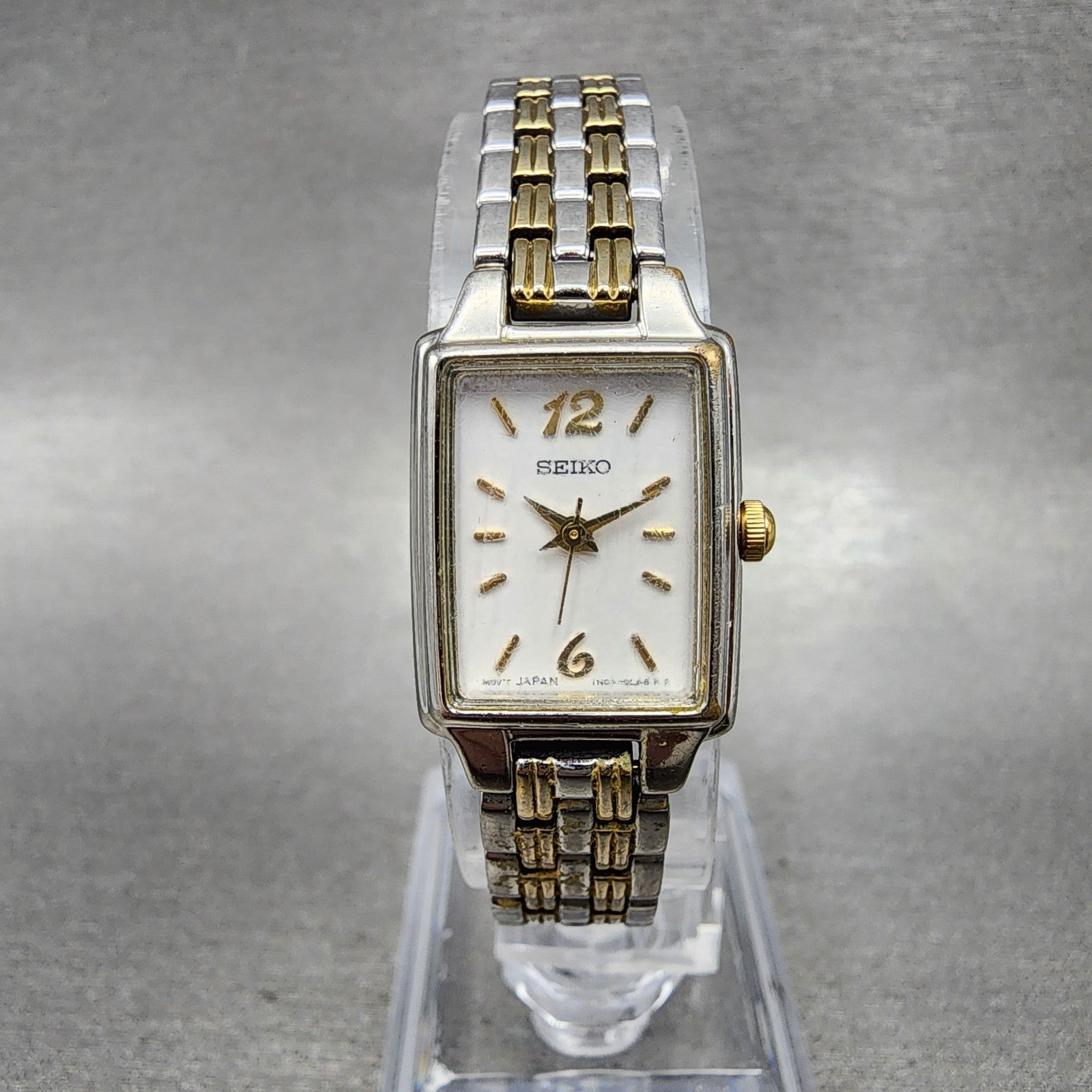 Seiko Tank Watch Women 16mm White Dial Two Tone Rectangle 1N010FH0 New Battery0