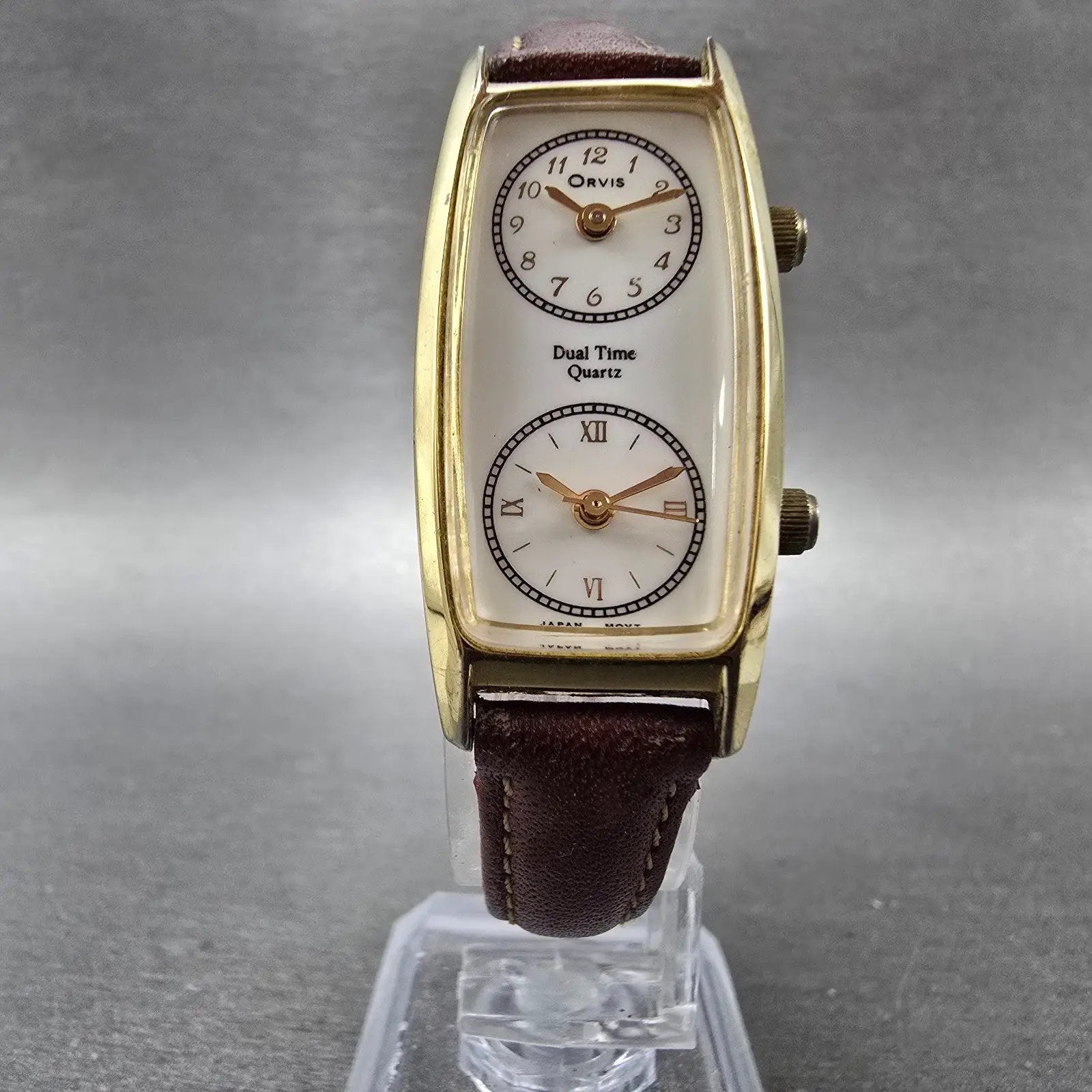 Orvis Dual Time Watch Women 19mm White Dial Gold Tone Rectangle New Battery5