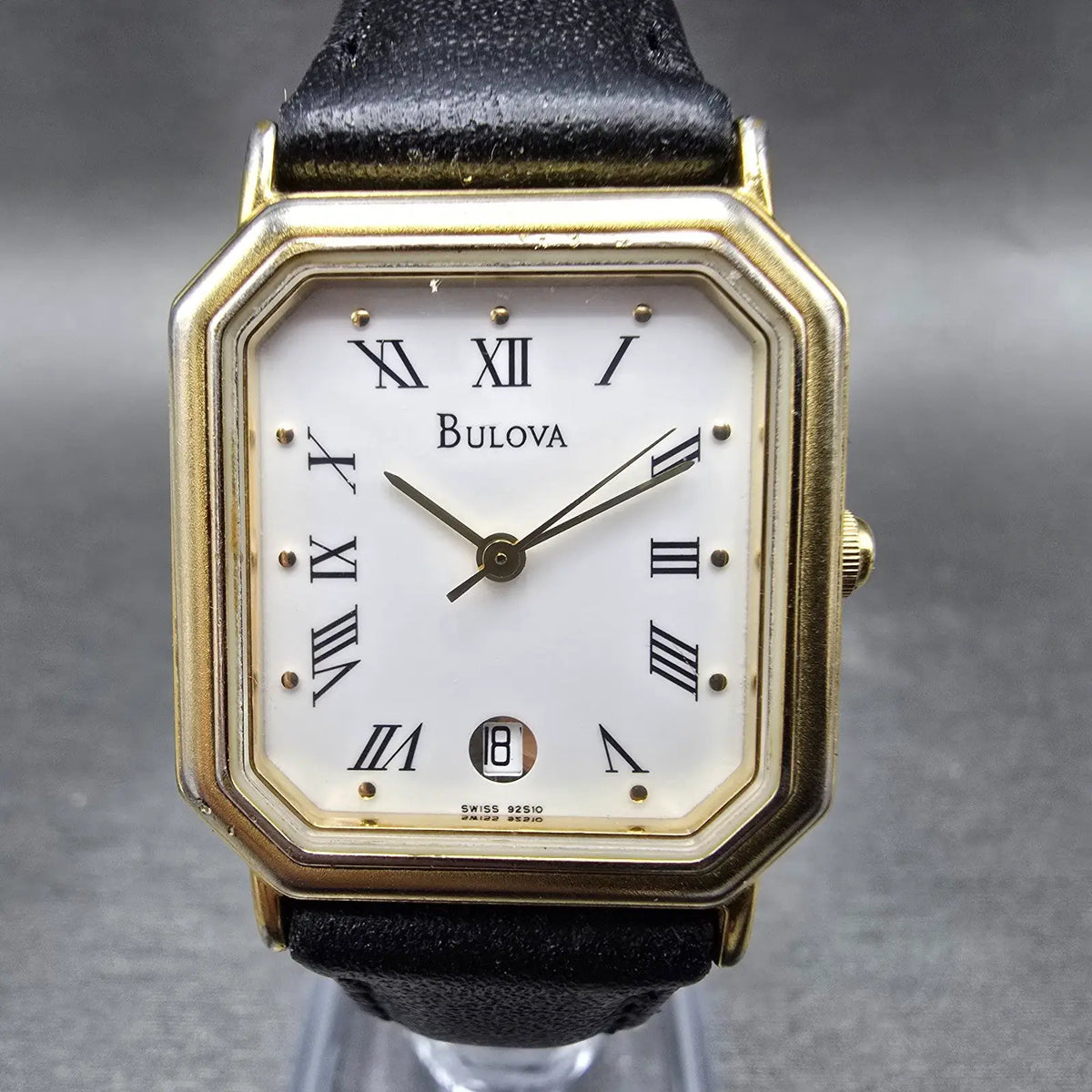 Bulova Tank Watch Men 25mm White Dial Gold Tone Date Octagon 92S10 New Battery0