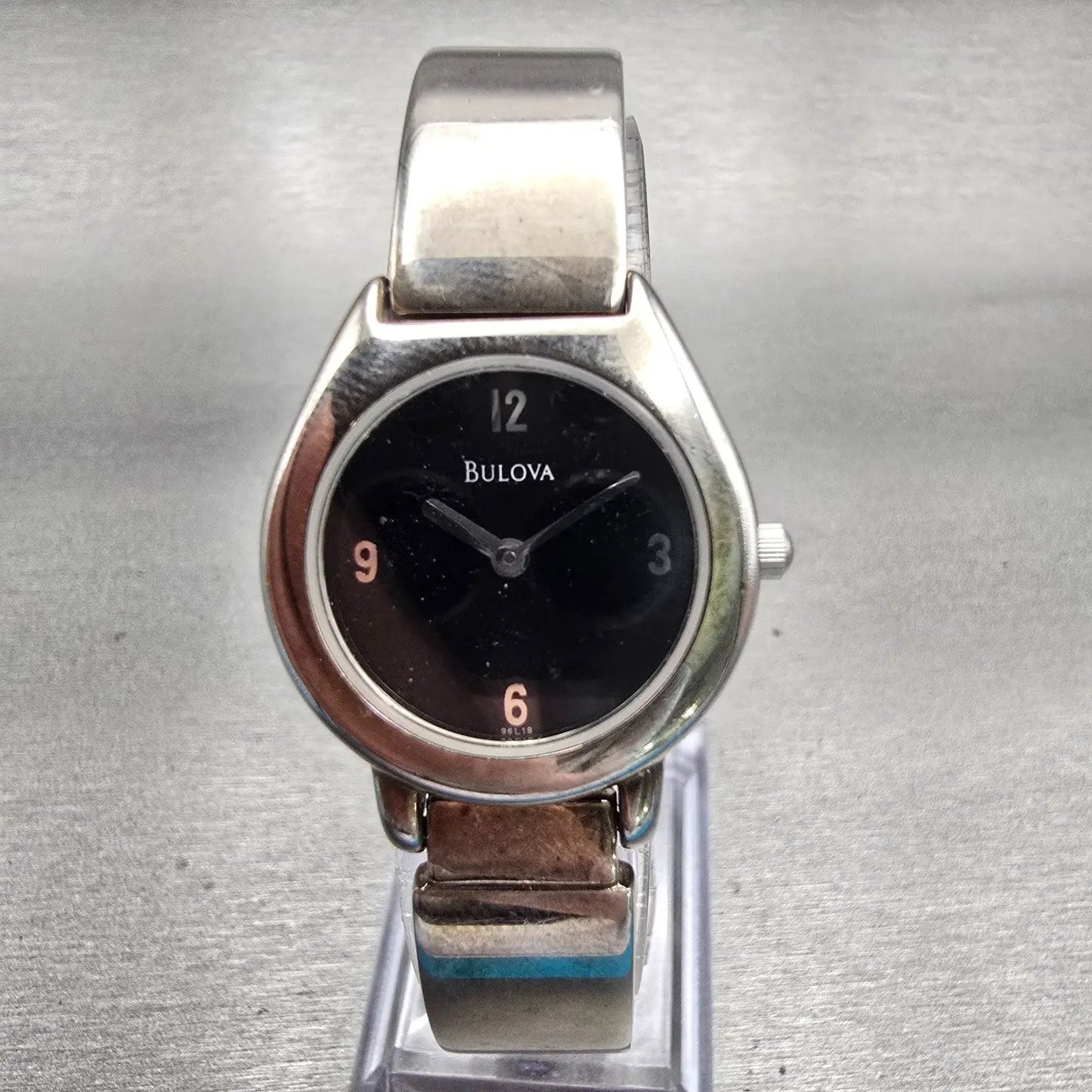 Bulova Watch Women 25mm Black Dial Silver Tone Round Bangle 96L18 New Battery F0