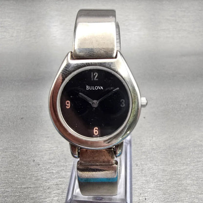 Bulova Watch Women 25mm Black Dial Silver Tone Round Bangle 96L18 New Battery F0