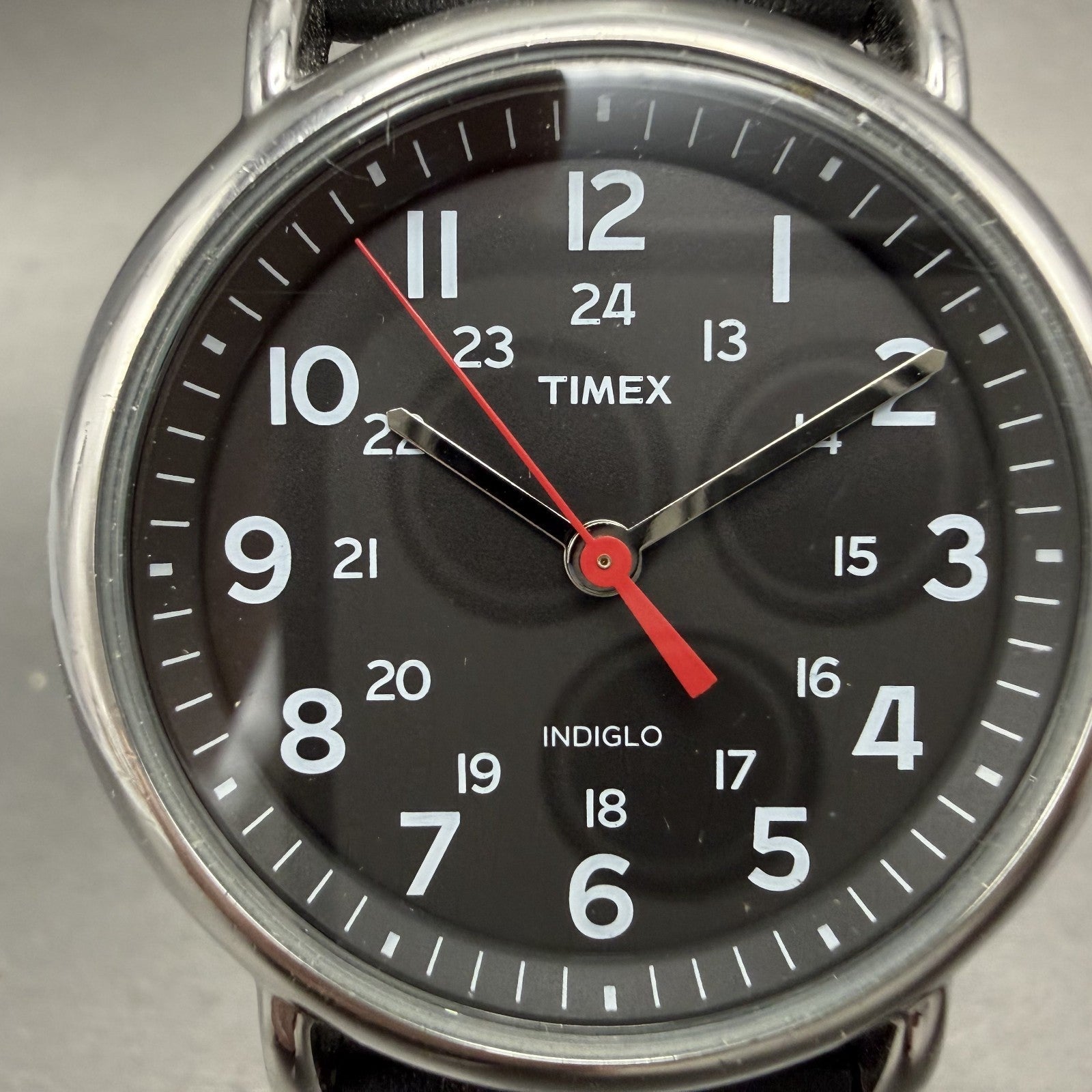 Timex Weekender Watch Men 38mm Black Dial Silver Tone Indiglo New Battery AB1231