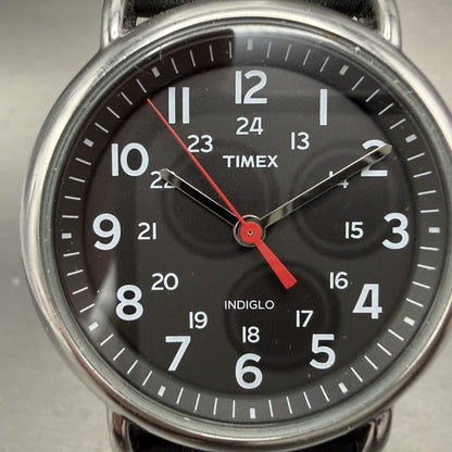 Timex Weekender Watch Men 38mm Black Dial Silver Tone Indiglo New Battery AB1231