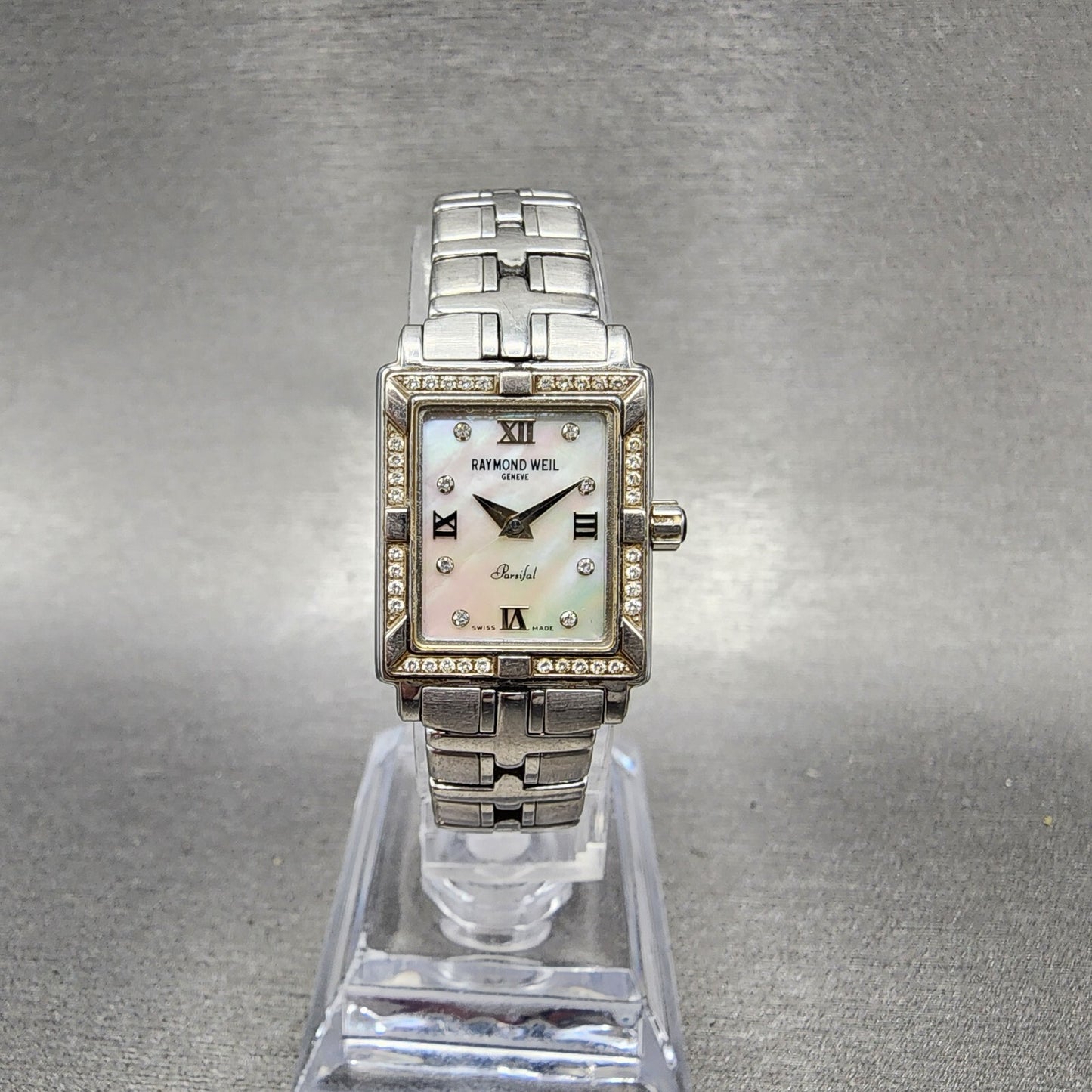 Raymond Weil Parsifal Tank Watch Women 19mm MOP Dial Steel Diamonds New Battery0