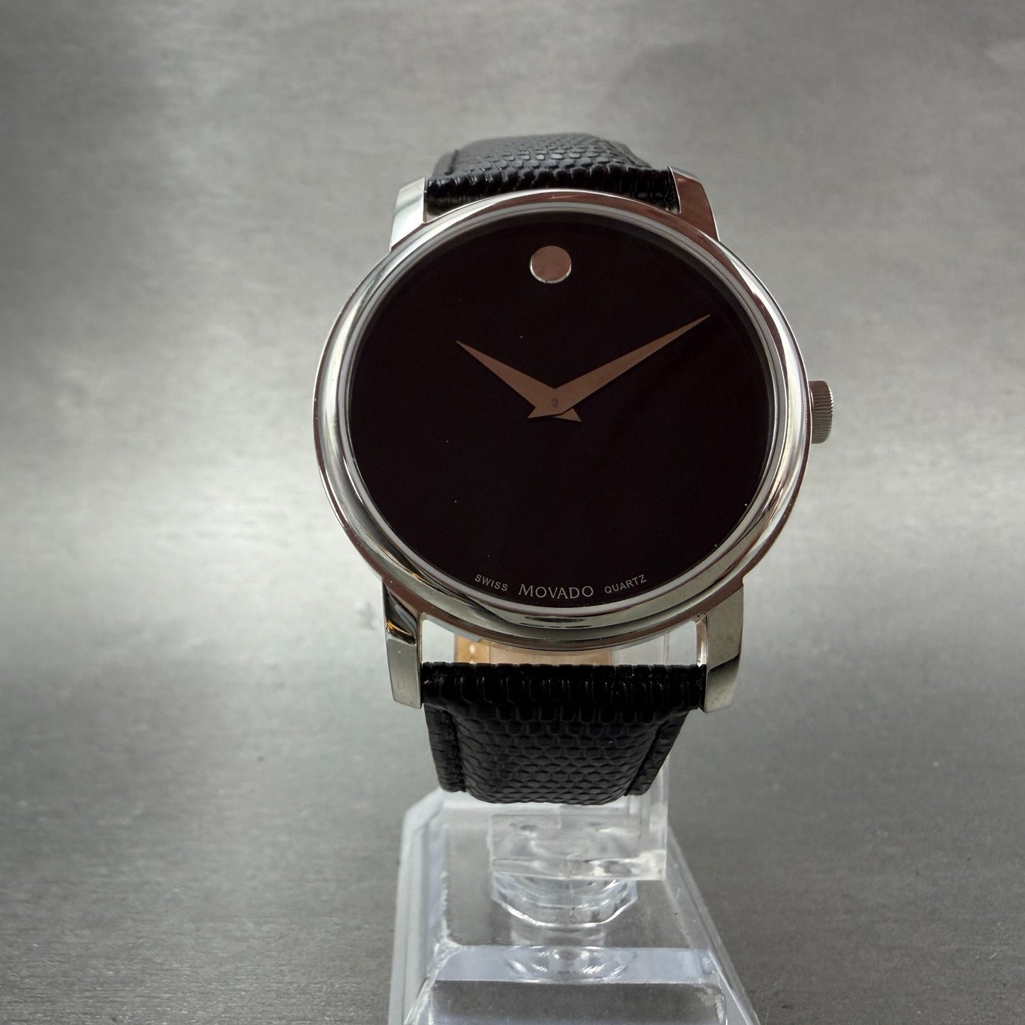 Movado Museum Watch Men 39mm Black Dial Steel Round Leather 2100002 New Battery25