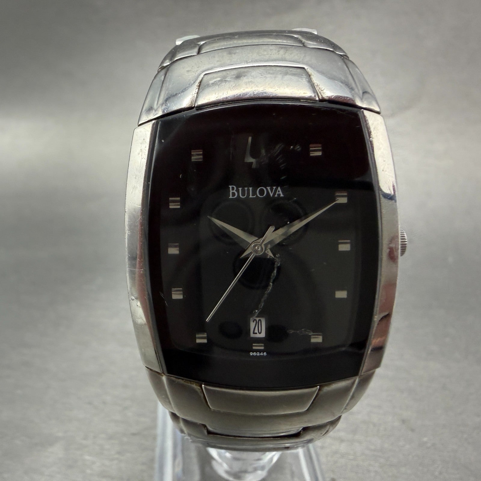 Bulova Tank Watch Men 30mm Black Dial Silver Tone Date 96G46 New Battery0
