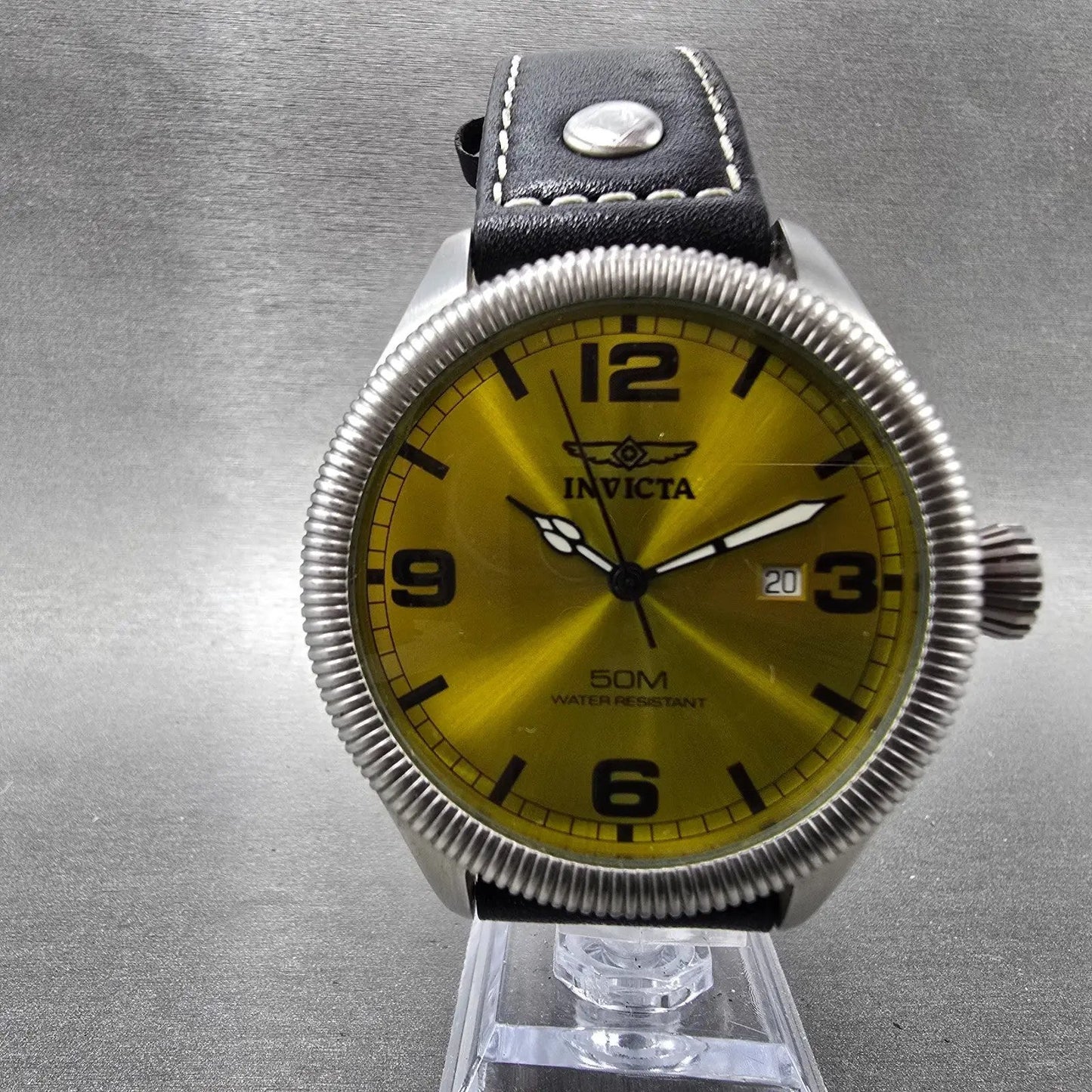 Invicta Watch Men 45mm Yellow Dial Silver Tone Date Round 1462 New Battery5