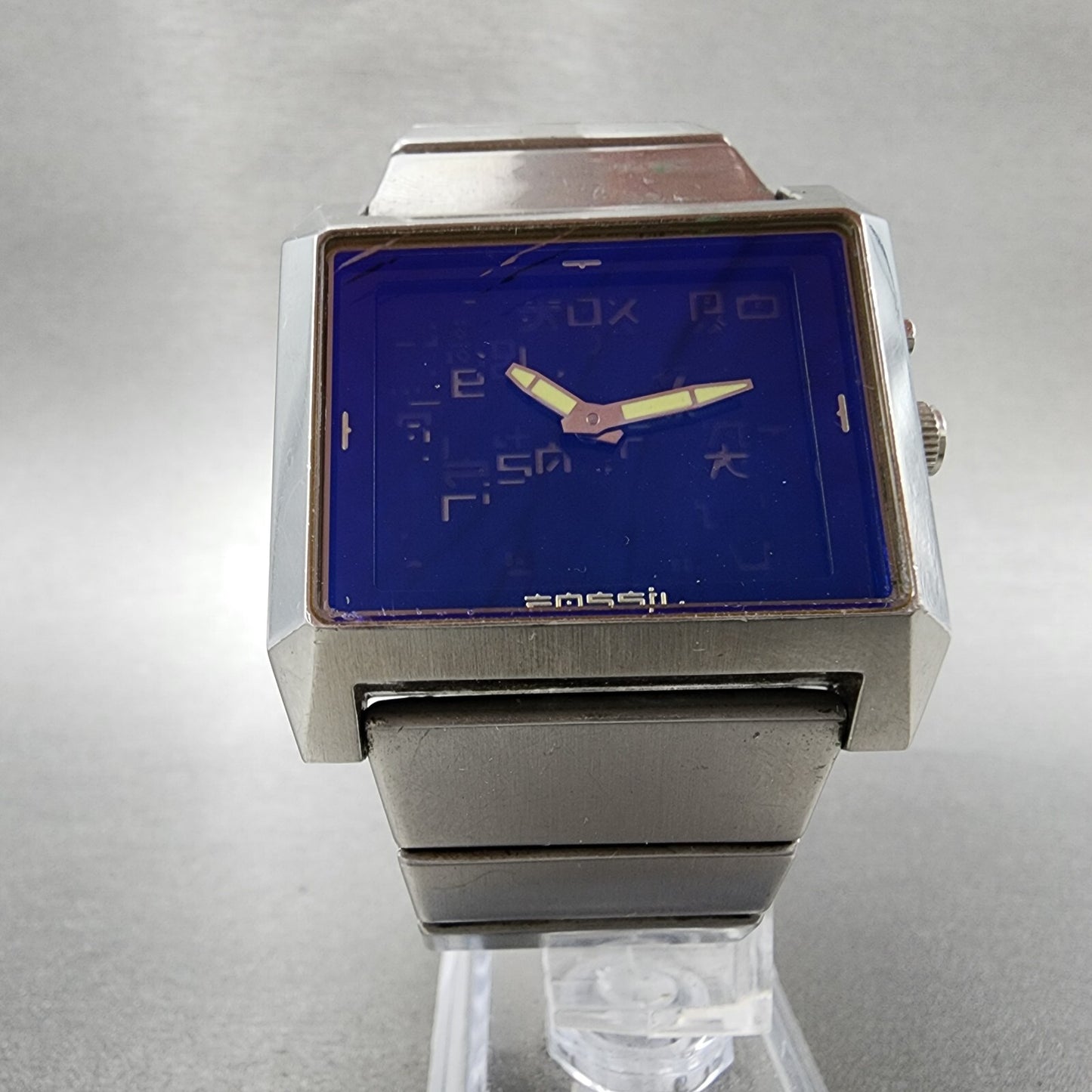 Fossil Bigtic Tank Watch Men 38mm LCD Dial Steel Rectangle JR-8539 New Battery