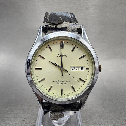 Seiko ALBA Watch Men 34mm Cream Dial Silver Tone Daydate Round V7336C20 PARTS0