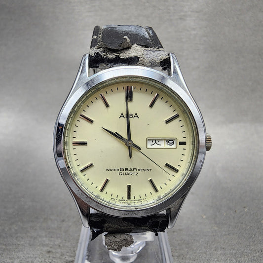 Seiko ALBA Watch Men 34mm Cream Dial Silver Tone Daydate Round V7336C20 PARTS0