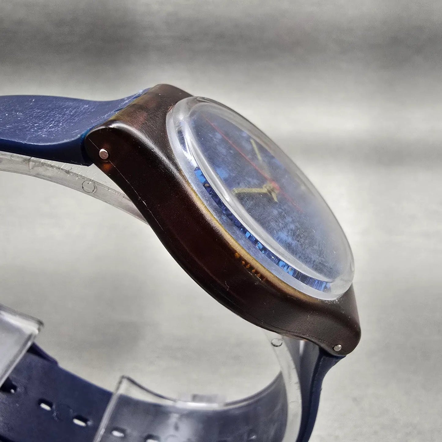 Swatch Gent LAZULI Watch Men 34mm Blue Dial Brown Case GF101 New Battery VTG3