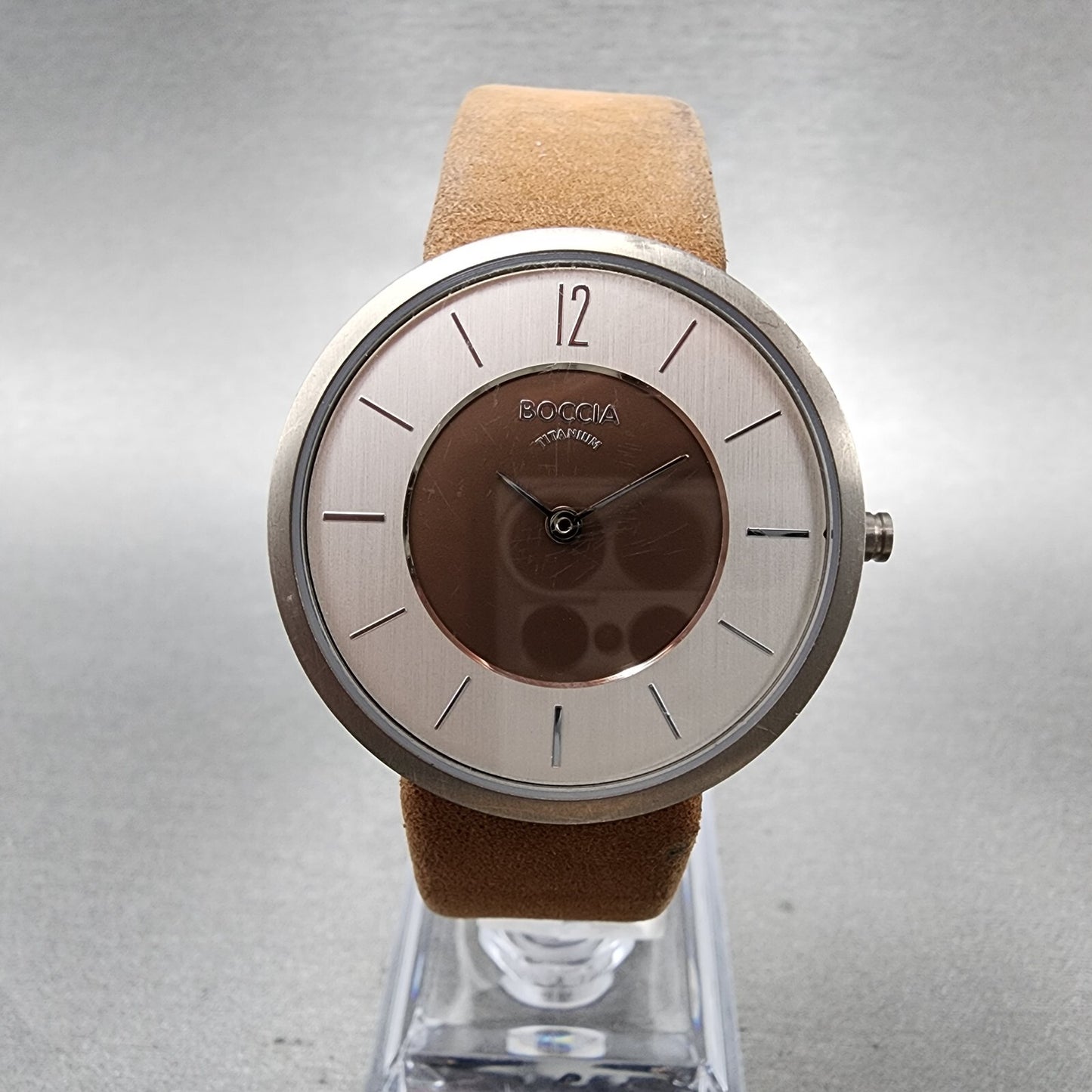 Boccia Watch Women 34mm Brown Dial Titanium Case Round Leather Band New Battery0