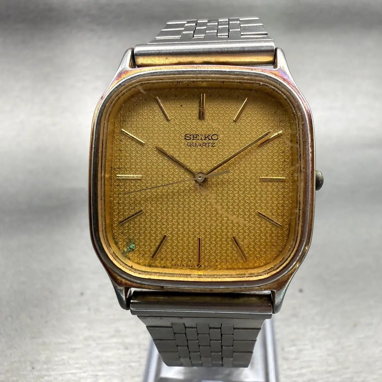 Seiko Watch Men 30mm Gold Dial Two Tone Rectangle 9021-5160 New Battery Vintage0