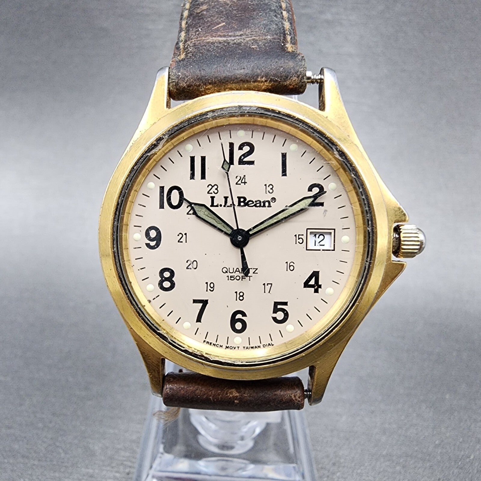LL Bean Field Watch Men 34mm Gray Dial Gold Tone Date Round New Battery A12 VTG0
