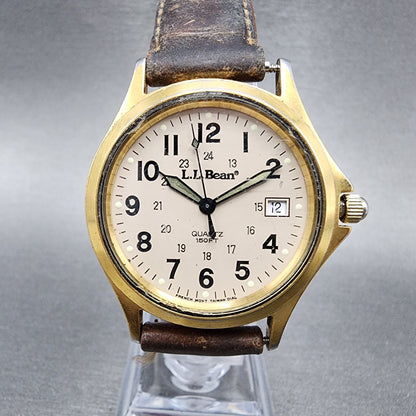 LL Bean Field Watch Men 34mm Gray Dial Gold Tone Date Round New Battery A12 VTG0