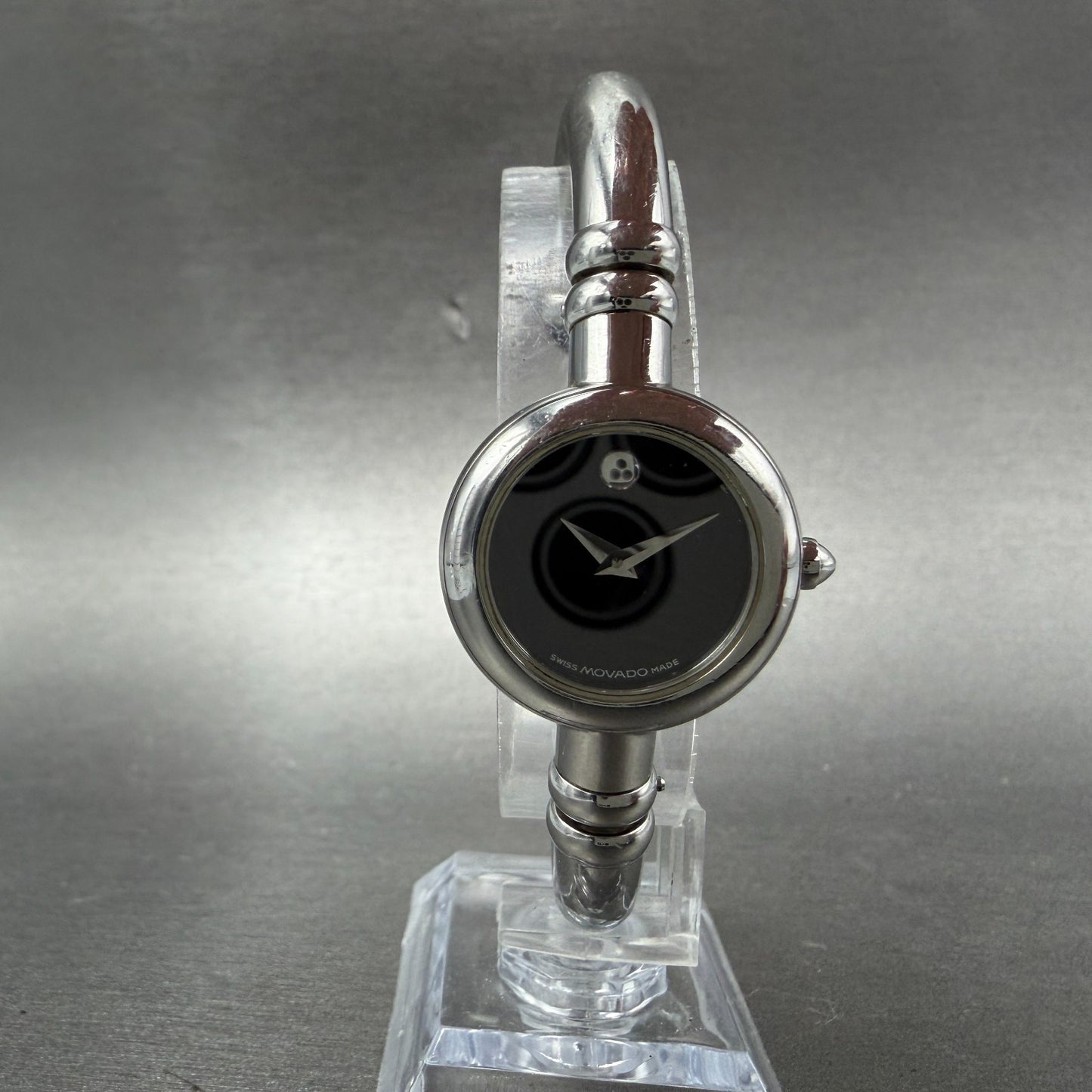 Movado Bareleto Watch Women 24mm Black Dial Stainless Steel Round Bangle NewBatH5