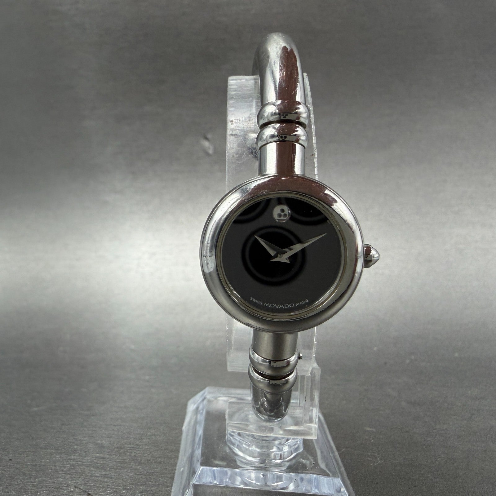 Movado Bareleto Watch Women 24mm Black Dial Stainless Steel Round Bangle NewBatH5