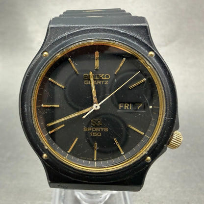 Seiko SQ Sports 150m Watch Men 37mm Black Dial Black & Gold Tone Daydate PARTS0