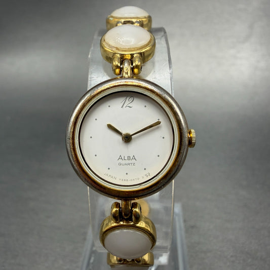 Seiko Alba Watch Women 20mm White Dial Gold Tone Round Y588-0120 New Battery0