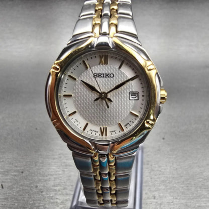 Seiko Watch Women 25mm Silver Dial Two Tone Date Round 7N82-0AT0 New Battery VTG0