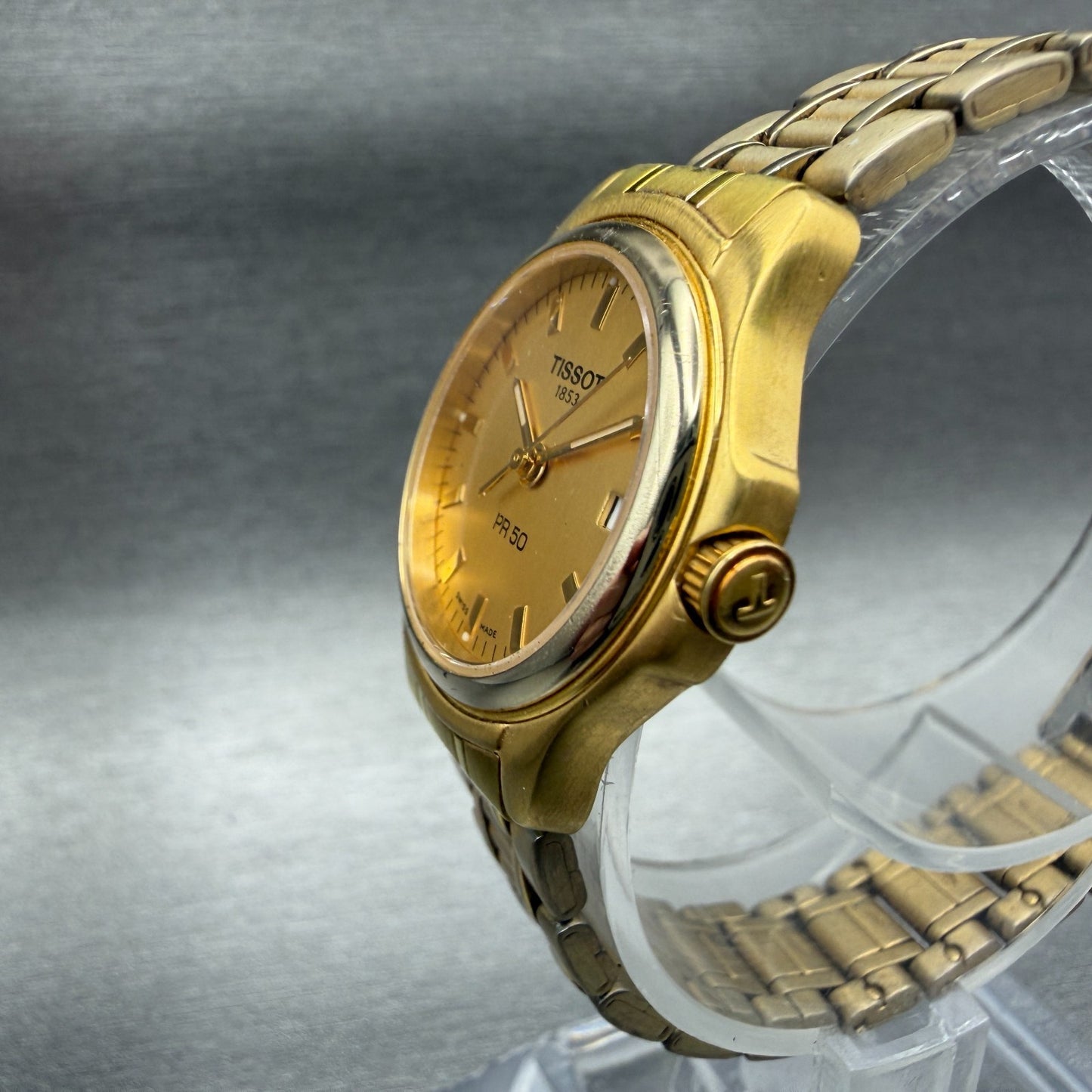 Tissot PR50 Watch Women 24mm Gold Dial Gold Tone Date Round NO CASEBACK PARTS3